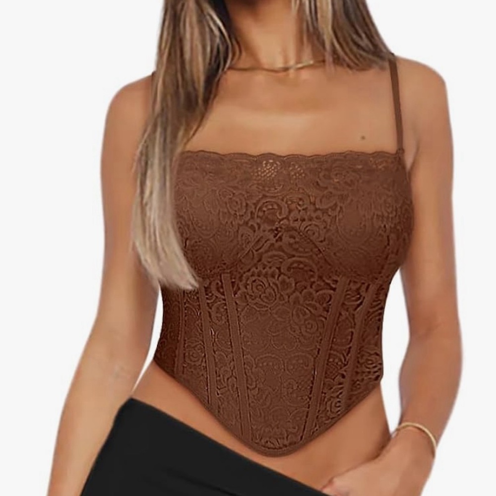 Women’s Trendy Lace Strap Zip Back Boned Bustier Corset Tank With Built In Bra